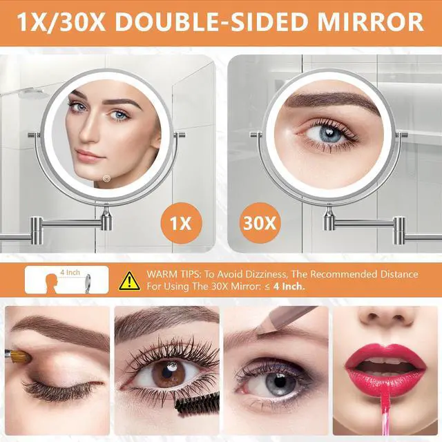 Alt view image 2 of 7 - 1X/30X Wall Mounted Lighted Makeup Mirror, 8" Rechargeable Double-Sided Magnifying Mirror with Light, Touch Dimmable 3 Color Light, 360° Rotation Foldable Extended Arm, Chrome
