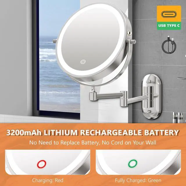 Alt view image 7 of 7 - 1X/30X Wall Mounted Lighted Makeup Mirror, 8" Rechargeable Double-Sided Magnifying Mirror with Light, Touch Dimmable 3 Color Light, 360° Rotation Foldable Extended Arm, Chrome