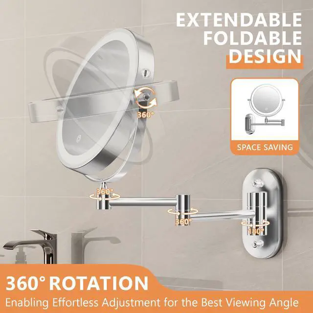 Alt view image 6 of 7 - 1X/30X Wall Mounted Lighted Makeup Mirror, 8" Rechargeable Double-Sided Magnifying Mirror with Light, Touch Dimmable 3 Color Light, 360° Rotation Foldable Extended Arm, Chrome