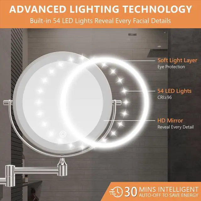Alt view image 5 of 7 - 1X/30X Wall Mounted Lighted Makeup Mirror, 8" Rechargeable Double-Sided Magnifying Mirror with Light, Touch Dimmable 3 Color Light, 360° Rotation Foldable Extended Arm, Chrome