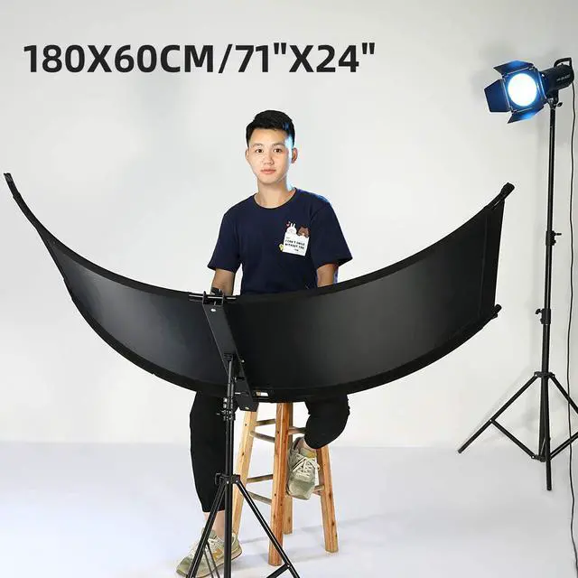 Alt view image 6 of 7 - Curved Reflector, 71x24 Clamshell Light Reflector Kit with 4-in-1 Fabric (Silver/Gold/White/Black) & 28" Desktop Light Stand, Storage Bag, U-Shape Arclight for Portrait, Studio Photography