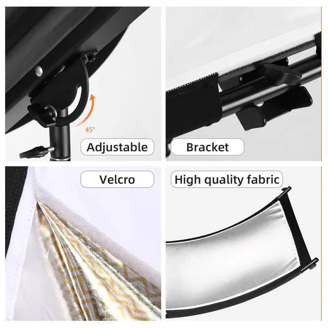 Alt view image 4 of 7 - Curved Reflector, 71x24 Clamshell Light Reflector Kit with 4-in-1 Fabric (Silver/Gold/White/Black) & 28" Desktop Light Stand, Storage Bag, U-Shape Arclight for Portrait, Studio Photography