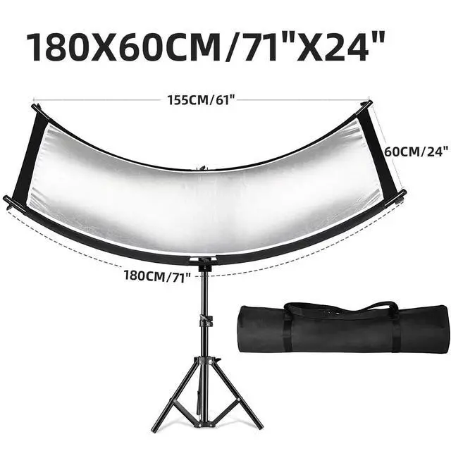 Alt view image 7 of 7 - Curved Reflector, 71x24 Clamshell Light Reflector Kit with 4-in-1 Fabric (Silver/Gold/White/Black) & 28" Desktop Light Stand, Storage Bag, U-Shape Arclight for Portrait, Studio Photography