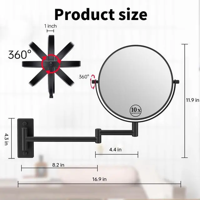 Alt view image 5 of 7 - 8" Wall Mounted Makeup Mirror with 1X 10X Magnification, Matte Black