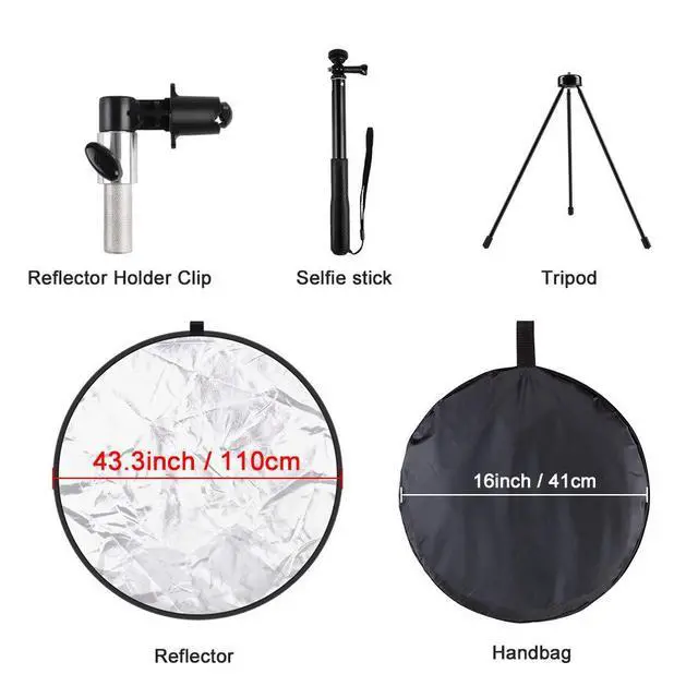 Alt view image 2 of 6 - 43 Inch/110 Centimeter Light Reflector 5-in-1 Collapsible Photography Reflectors kit with Metal Clamp and Light Stand for Studio Lighting Outdoor Shooting (Silver/Gold/White/Black/Translucent)
