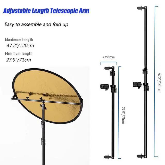Alt view image 2 of 7 - Extendable Reflector Holder Arm with 78.7"/2m Tripod Light Stand, Photo Telescopic 25.5" to 47.2" Boom Arm 360° Swivel Reflector Bracket for Product Portrait Studio Outdoor Photography