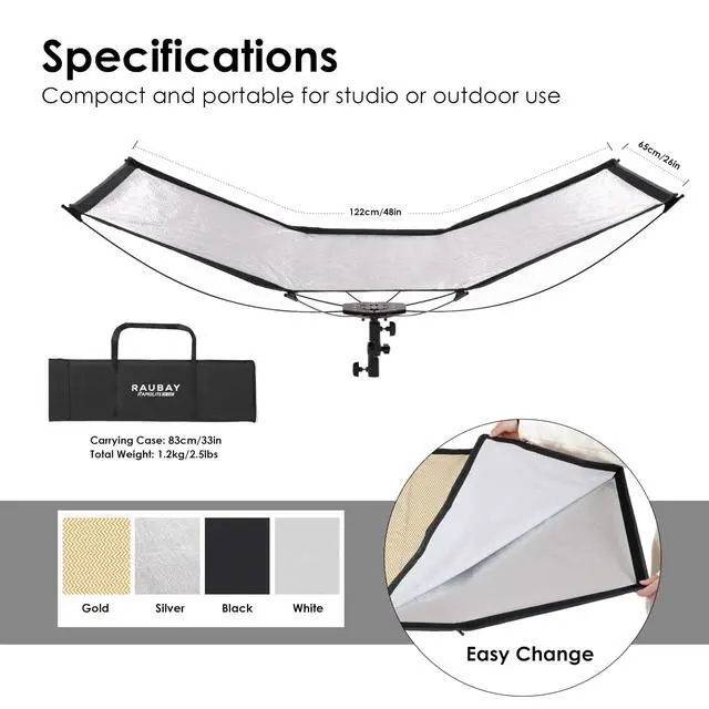 Alt view image 4 of 7 - Quick-Open Curved Reflector, U-Shape Clamshell Light Reflector with 48in x 26in Photography Diffuser for Studio Portrait&Video Shooting, 4-in-1 Black/White/Silver/Gold, RAPIDLITE, CR-120