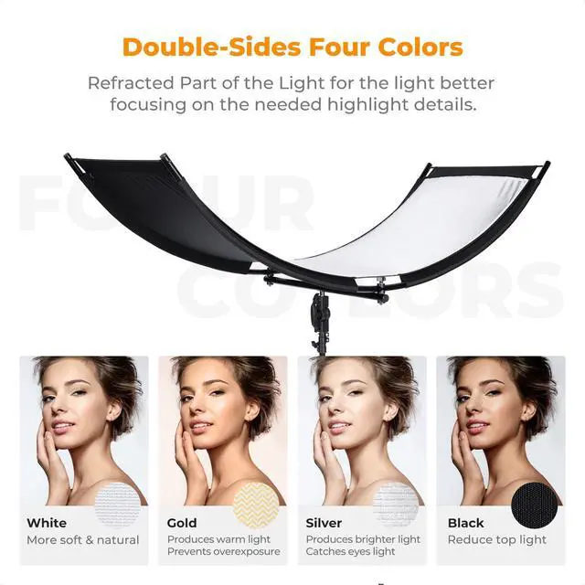 Alt view image 2 of 7 - U-Shape Reflector Curved Reflector 180x60cm with 4-in-1 Reflective Fabric, Black/Gold/White/Silver, with 1.9m Stand, with Storage Bag, for Photography Studios