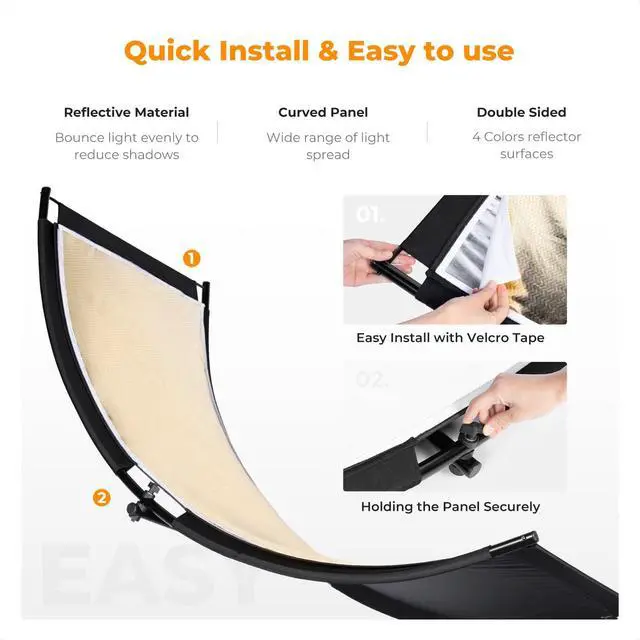 Alt view image 4 of 7 - U-Shape Reflector Curved Reflector 180x60cm with 4-in-1 Reflective Fabric, Black/Gold/White/Silver, with 1.9m Stand, with Storage Bag, for Photography Studios