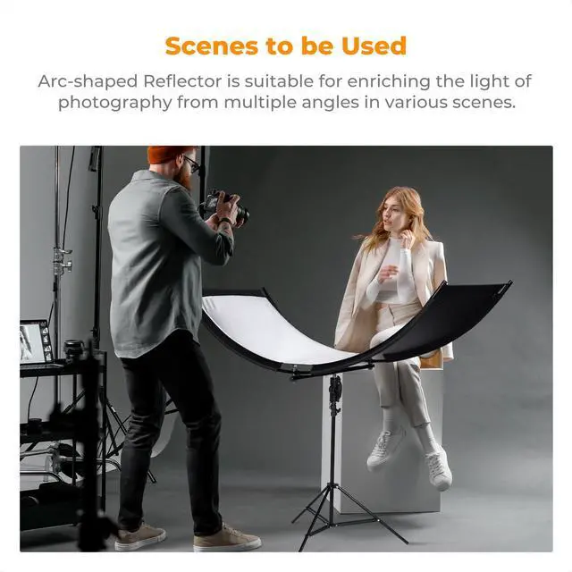 Alt view image 6 of 7 - U-Shape Reflector Curved Reflector 180x60cm with 4-in-1 Reflective Fabric, Black/Gold/White/Silver, with 1.9m Stand, with Storage Bag, for Photography Studios