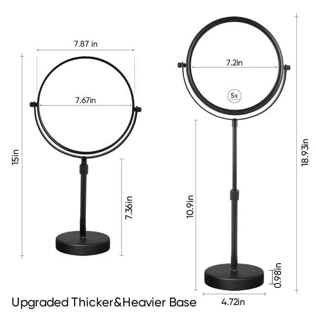 Alt view image 3 of 7 - Higher Taller Tabletop Makeup Mirror of 8 Inch, 5X Magnified Makeup Mirror Countertop Standing, Height Adjustable, Double Sided Mirror in Matte Black (8 Inch, 5X)