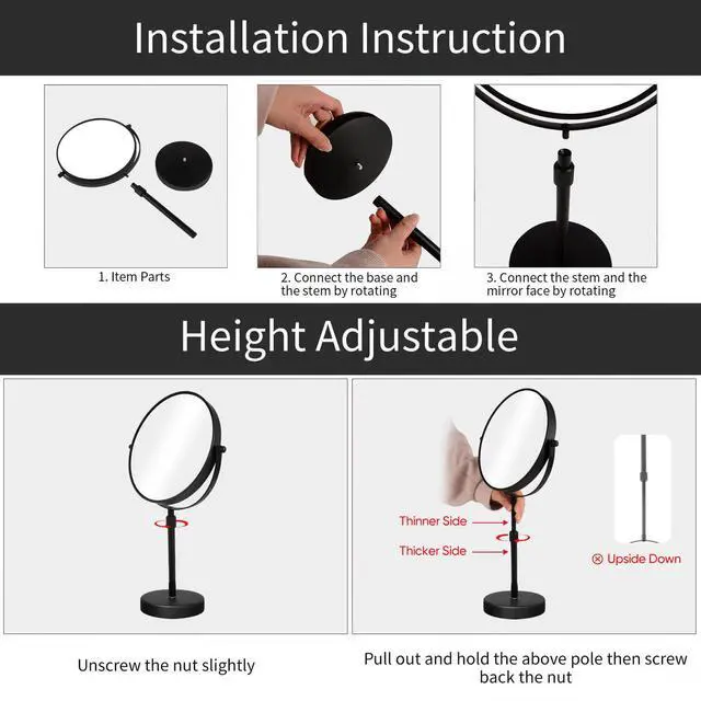 Alt view image 4 of 7 - Higher Taller Tabletop Makeup Mirror of 8 Inch, 5X Magnified Makeup Mirror Countertop Standing, Height Adjustable, Double Sided Mirror in Matte Black (8 Inch, 5X)