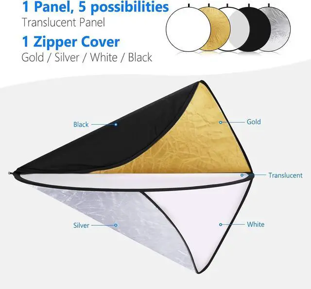 Alt view image 3 of 7 - 43 Inch/110 Centimeter Light Reflector Diffuser 5 in 1 Collapsible Multi Disc with Bag - Translucent, Silver, Gold, White, and Black for Studio Photography Lighting Outdoor
