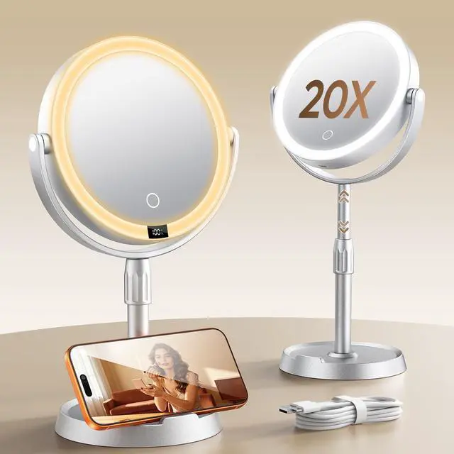 Main image of 7" ABS Lighted Makeup Mirror with Lights, 1X/20X Magnifying Mirror with Light and Digital Display, 2.6in Height Adjustable, Rechargeable, 3 Color Modes for Makeup & Shaving, Easy to Detach, Women Gift