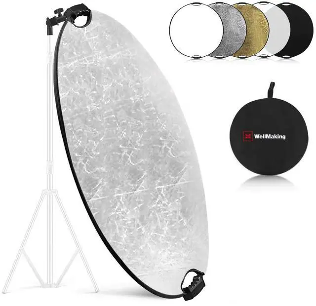Main image of 32 Inch (80cm) Reflector Photography, Collapsible Light Reflector with Bag & tilt Adapter, 5 in 1 Handle Reflector for Studio & Outdoor Lighting -Translucent, Silver, Gold, White and Black