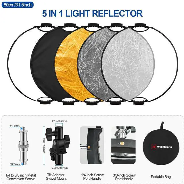 Alt view image 2 of 7 - 32 Inch (80cm) Reflector Photography, Collapsible Light Reflector with Bag & tilt Adapter, 5 in 1 Handle Reflector for Studio & Outdoor Lighting -Translucent, Silver, Gold, White and Black