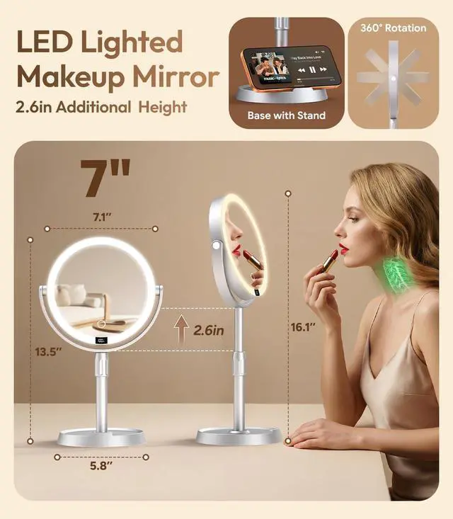 Alt view image 3 of 7 - 7" ABS Lighted Makeup Mirror with Lights, 1X/20X Magnifying Mirror with Light and Digital Display, 2.6in Height Adjustable, Rechargeable, 3 Color Modes for Makeup & Shaving, Easy to Detach, Women Gift