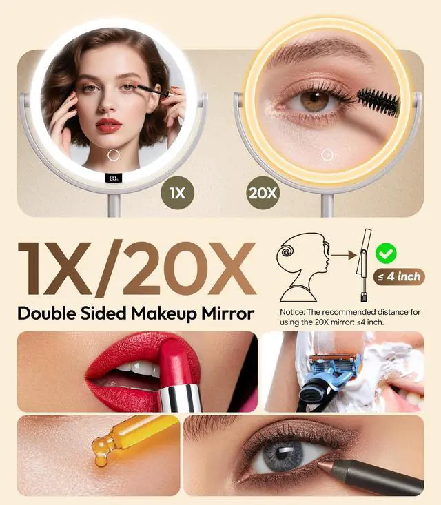 Alt view image 6 of 7 - 7" ABS Lighted Makeup Mirror with Lights, 1X/20X Magnifying Mirror with Light and Digital Display, 2.6in Height Adjustable, Rechargeable, 3 Color Modes for Makeup & Shaving, Easy to Detach, Women Gift