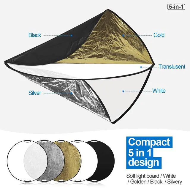 Alt view image 5 of 7 - 32 Inch (80cm) Reflector Photography, Collapsible Light Reflector with Bag & tilt Adapter, 5 in 1 Handle Reflector for Studio & Outdoor Lighting -Translucent, Silver, Gold, White and Black