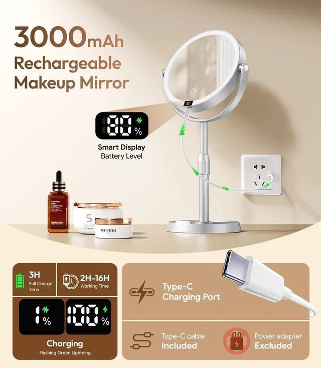 Alt view image 5 of 7 - 7" ABS Lighted Makeup Mirror with Lights, 1X/20X Magnifying Mirror with Light and Digital Display, 2.6in Height Adjustable, Rechargeable, 3 Color Modes for Makeup & Shaving, Easy to Detach, Women Gift