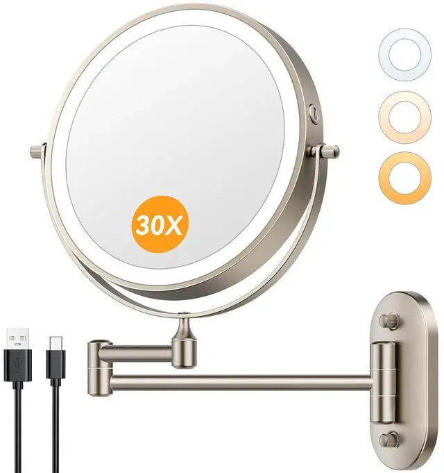 Main image of 1X/30X Wall Mounted Lighted Makeup Mirror, 8" 3200 mAh Rechargeable Double-Sided Magnifying Mirror, Touch Dimmable 3 Color Lights, 360° Rotating Foldable 14.5" Extension Arm, Brushed Nickel