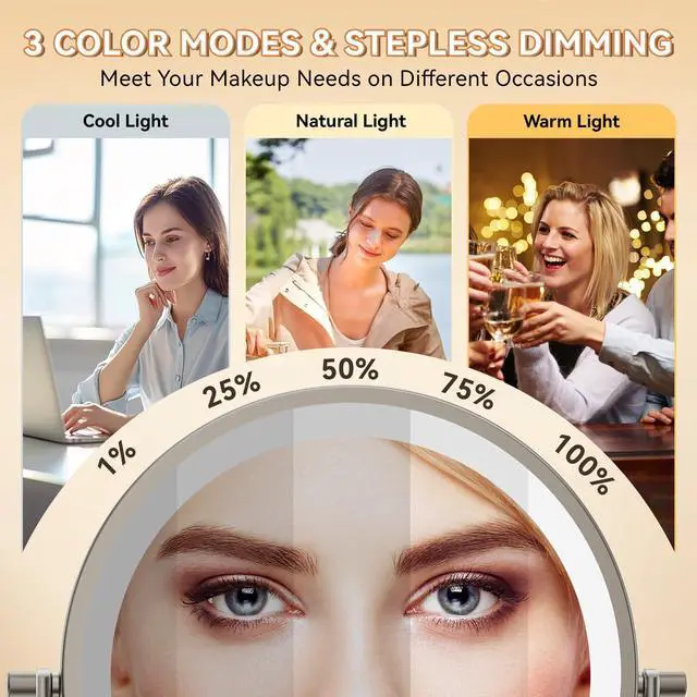 Alt view image 3 of 7 - 1X/30X Wall Mounted Lighted Makeup Mirror, 8" 3200 mAh Rechargeable Double-Sided Magnifying Mirror, Touch Dimmable 3 Color Lights, 360° Rotating Foldable 14.5" Extension Arm, Brushed Nickel