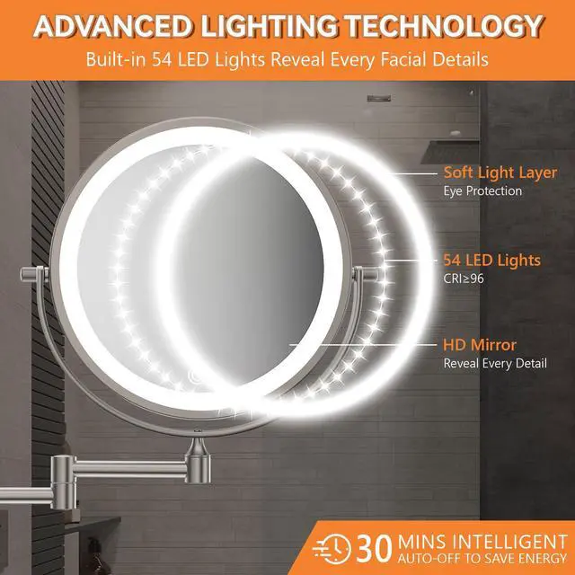 Alt view image 4 of 7 - 1X/30X Wall Mounted Lighted Makeup Mirror, 8" 3200 mAh Rechargeable Double-Sided Magnifying Mirror, Touch Dimmable 3 Color Lights, 360° Rotating Foldable 14.5" Extension Arm, Brushed Nickel