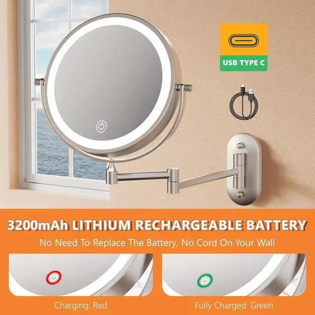 Alt view image 6 of 7 - 1X/30X Wall Mounted Lighted Makeup Mirror, 8" 3200 mAh Rechargeable Double-Sided Magnifying Mirror, Touch Dimmable 3 Color Lights, 360° Rotating Foldable 14.5" Extension Arm, Brushed Nickel