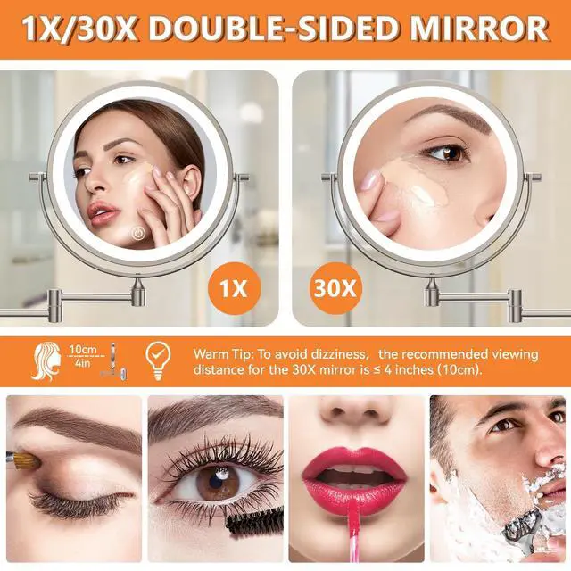 Alt view image 2 of 7 - 1X/30X Wall Mounted Lighted Makeup Mirror, 8" 3200 mAh Rechargeable Double-Sided Magnifying Mirror, Touch Dimmable 3 Color Lights, 360° Rotating Foldable 14.5" Extension Arm, Brushed Nickel