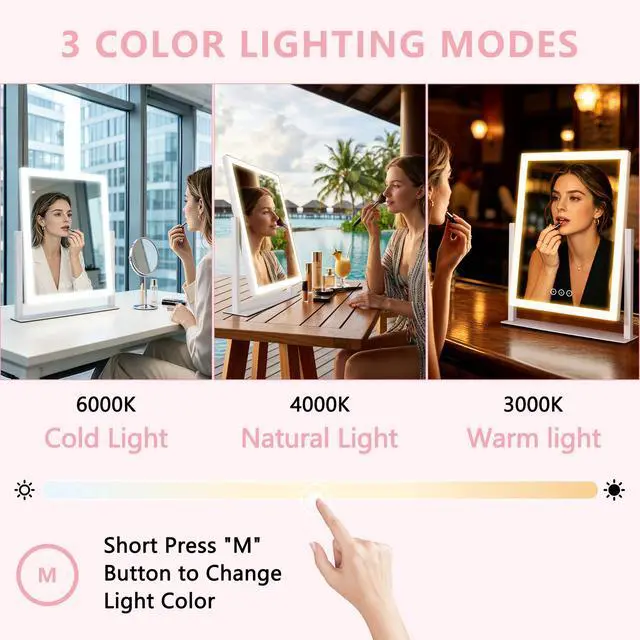 Alt view image 2 of 7 - Lighted Vanity Mirror with Lights, Makeup Mirror with Light, 16.7"x 13.2",Three Color Lighting Modes and Dimmable Lighting, Smart Touch Control, 360°Rotation, for Vanity Desk Tabletop,Dressing Room
