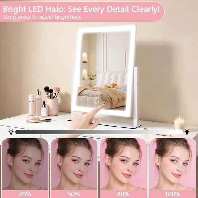 Alt view image 3 of 7 - Lighted Vanity Mirror with Lights, Makeup Mirror with Light, 16.7"x 13.2",Three Color Lighting Modes and Dimmable Lighting, Smart Touch Control, 360°Rotation, for Vanity Desk Tabletop,Dressing Room