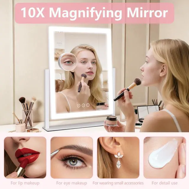 Alt view image 6 of 7 - Lighted Vanity Mirror with Lights, Makeup Mirror with Light, 16.7"x 13.2",Three Color Lighting Modes and Dimmable Lighting, Smart Touch Control, 360°Rotation, for Vanity Desk Tabletop,Dressing Room