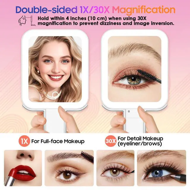 Alt view image 3 of 7 - Magnifying Travel Mirror with Light, 30X/1X Double-Sided Magnifying Mirror with 3 Color Lights, Brightness Adjustable, Foldable Handheld Makeup Mirrors Portable for Travel and Desktop, White