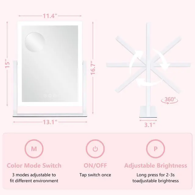 Alt view image 5 of 7 - Lighted Vanity Mirror with Lights, Makeup Mirror with Light, 16.7"x 13.2",Three Color Lighting Modes and Dimmable Lighting, Smart Touch Control, 360°Rotation, for Vanity Desk Tabletop,Dressing Room