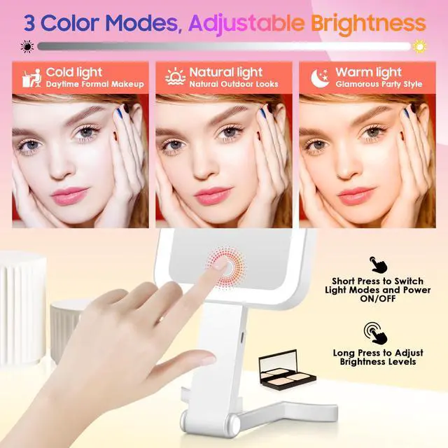 Alt view image 4 of 7 - Magnifying Travel Mirror with Light, 30X/1X Double-Sided Magnifying Mirror with 3 Color Lights, Brightness Adjustable, Foldable Handheld Makeup Mirrors Portable for Travel and Desktop, White