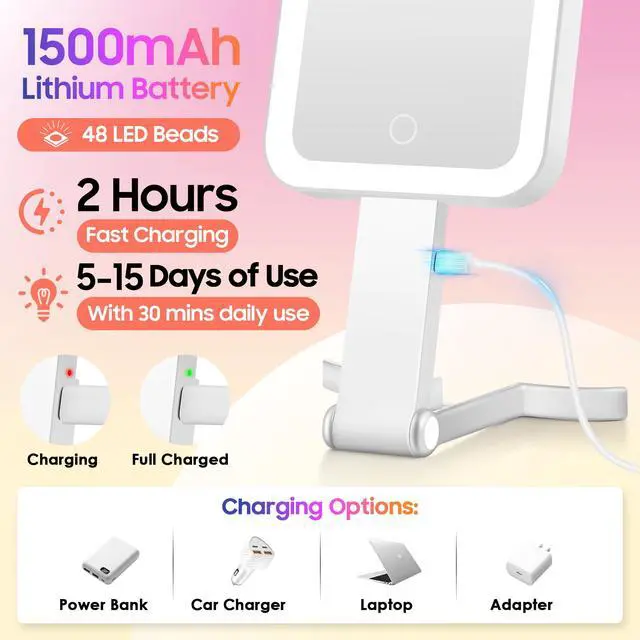 Alt view image 7 of 7 - Magnifying Travel Mirror with Light, 30X/1X Double-Sided Magnifying Mirror with 3 Color Lights, Brightness Adjustable, Foldable Handheld Makeup Mirrors Portable for Travel and Desktop, White