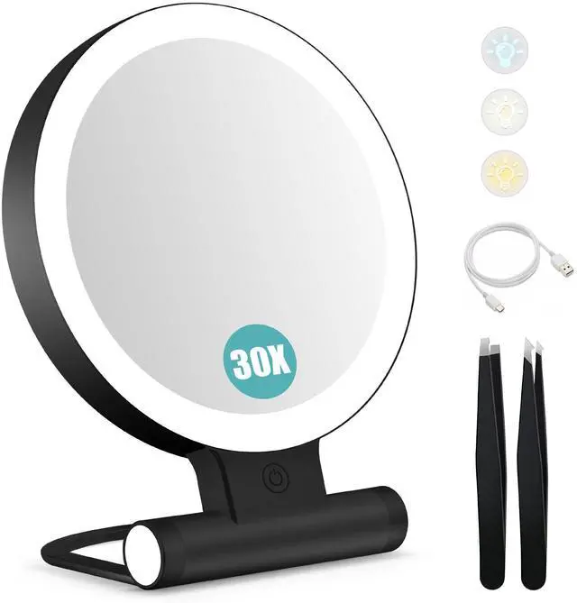 Main image of Magnifying Mirror with Light 30X, Double-Sided 1X/ 30X Magnifying Makeup Mirror with Tweezer, 2000mAh 3 Colour Modes with Adjustable Brightness,Foldable Compact Travel Mirror(Black)