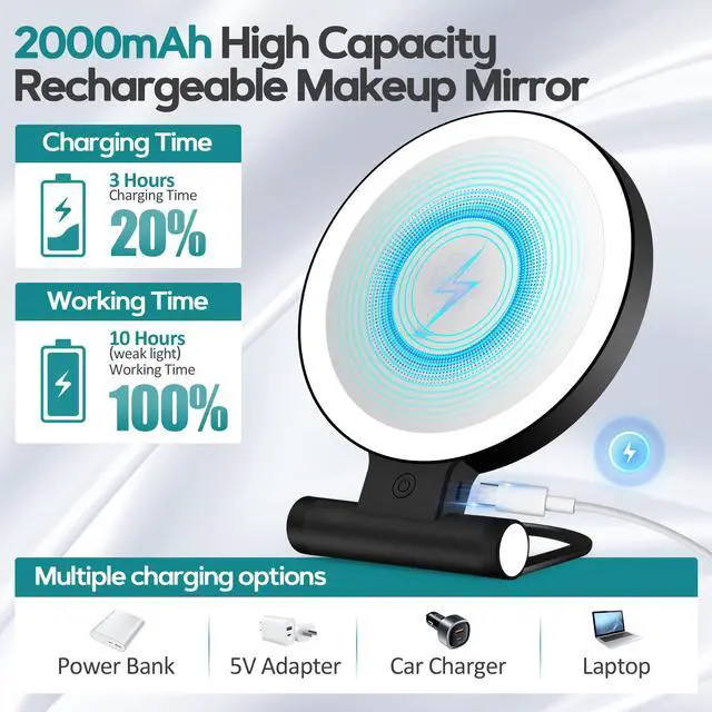 Alt view image 4 of 7 - Magnifying Mirror with Light 30X, Double-Sided 1X/ 30X Magnifying Makeup Mirror with Tweezer, 2000mAh 3 Colour Modes with Adjustable Brightness,Foldable Compact Travel Mirror(Black)