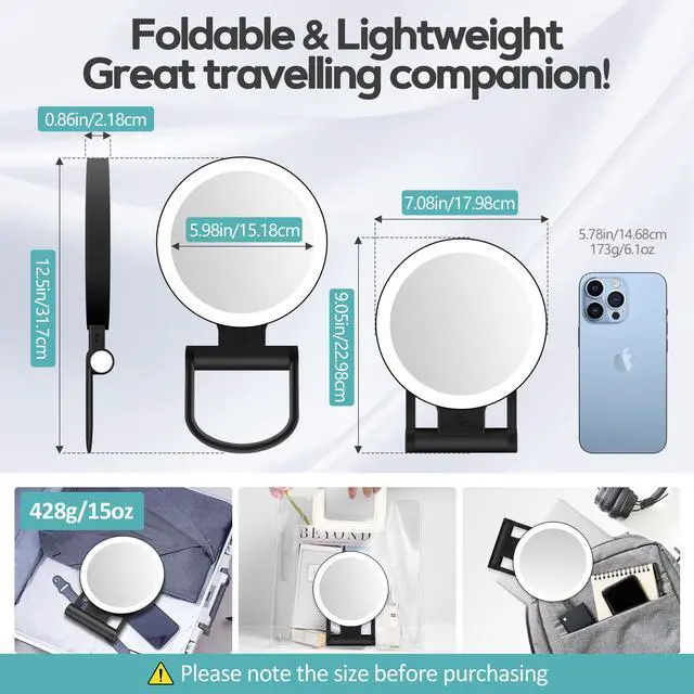 Alt view image 6 of 7 - Magnifying Mirror with Light 30X, Double-Sided 1X/ 30X Magnifying Makeup Mirror with Tweezer, 2000mAh 3 Colour Modes with Adjustable Brightness,Foldable Compact Travel Mirror(Black)