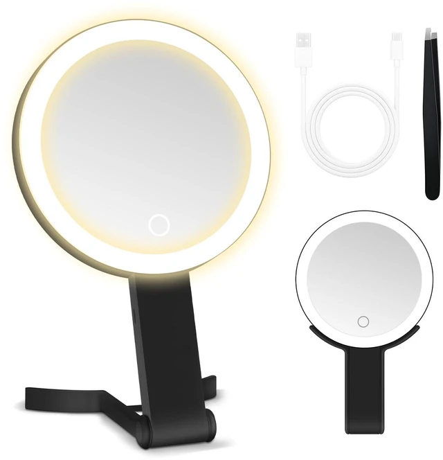Main image of Magnifying Mirror with Light, Double Sided 30X/1X Lighted Travel Makeup Mirror with Magnification, 3 Color Lighting, Dimmable Touch Screen, Adjustable & Foldable Hand Mirror (Black)