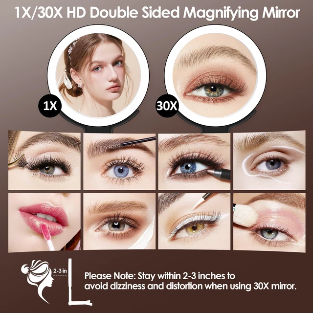 Alt view image 2 of 7 - Magnifying Mirror with Light, Double Sided 30X/1X Lighted Travel Makeup Mirror with Magnification, 3 Color Lighting, Dimmable Touch Screen, Adjustable & Foldable Hand Mirror (Black)