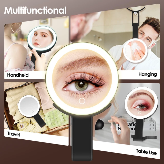 Alt view image 3 of 7 - Magnifying Mirror with Light, Double Sided 30X/1X Lighted Travel Makeup Mirror with Magnification, 3 Color Lighting, Dimmable Touch Screen, Adjustable & Foldable Hand Mirror (Black)