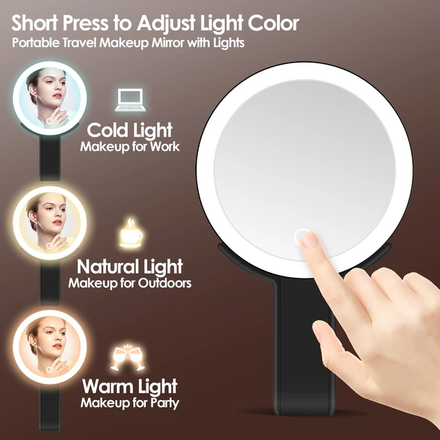 Alt view image 4 of 7 - Magnifying Mirror with Light, Double Sided 30X/1X Lighted Travel Makeup Mirror with Magnification, 3 Color Lighting, Dimmable Touch Screen, Adjustable & Foldable Hand Mirror (Black)