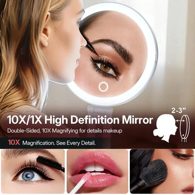 Alt view image 3 of 7 - Travel Mirror with Lights, Foldable Double-Sided 10X/1X Magnifying Mirror, Rechargeable & Portable Lighted Makeup Mirror for Beauty, 3 Color Lighting, Dimmable Touch Screen, Smart Display
