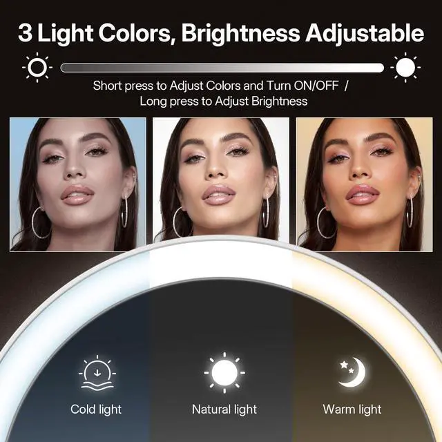 Alt view image 4 of 7 - Travel Mirror with Lights, Foldable Double-Sided 10X/1X Magnifying Mirror, Rechargeable & Portable Lighted Makeup Mirror for Beauty, 3 Color Lighting, Dimmable Touch Screen, Smart Display