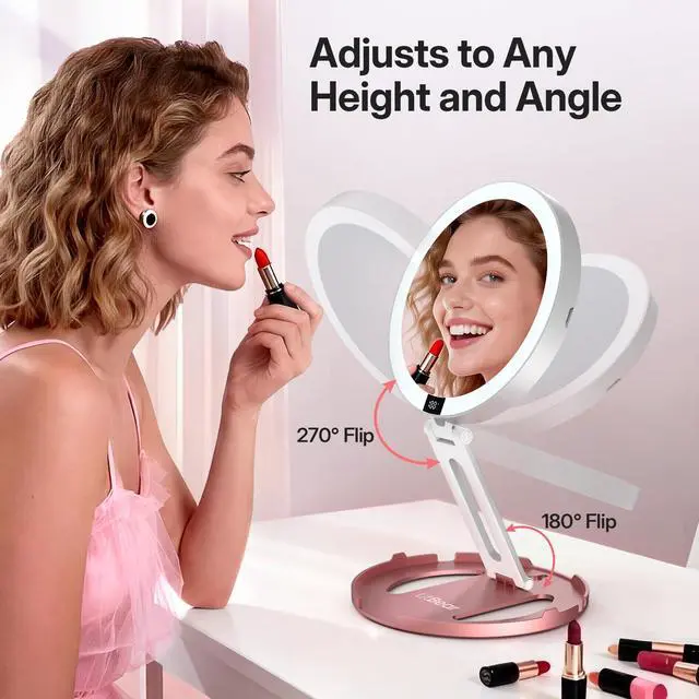 Alt view image 6 of 7 - Travel Mirror with Lights, Foldable Double-Sided 10X/1X Magnifying Mirror, Rechargeable & Portable Lighted Makeup Mirror for Beauty, 3 Color Lighting, Dimmable Touch Screen, Smart Display