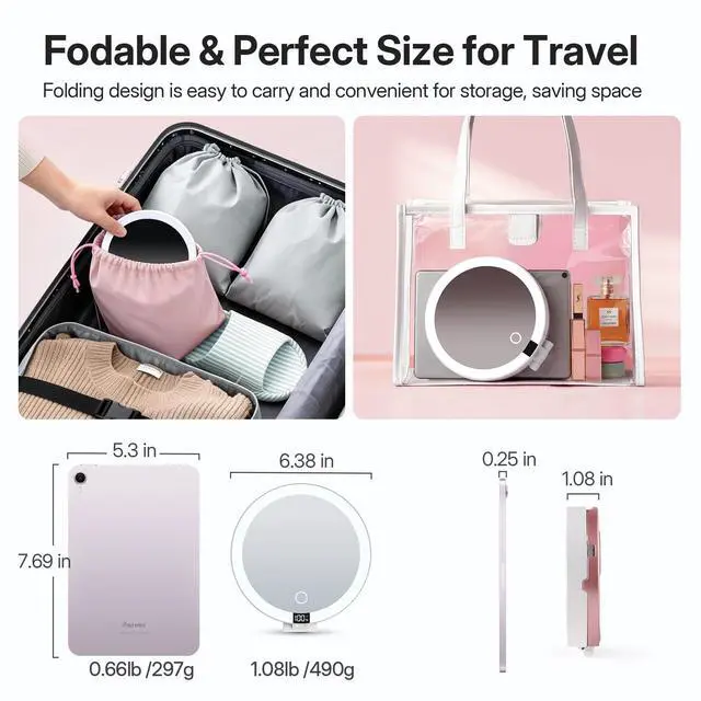 Alt view image 5 of 7 - Travel Mirror with Lights, Foldable Double-Sided 10X/1X Magnifying Mirror, Rechargeable & Portable Lighted Makeup Mirror for Beauty, 3 Color Lighting, Dimmable Touch Screen, Smart Display