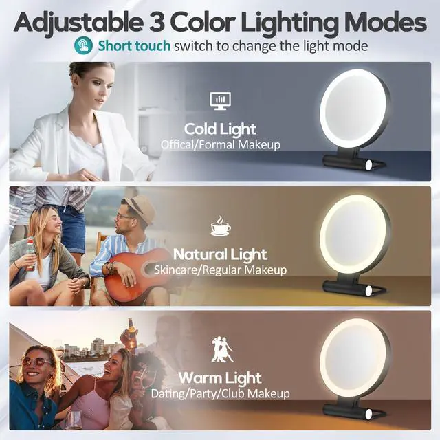 Alt view image 2 of 7 - Magnifying Mirror with Light 30X, Double-Sided 1X/ 30X Magnifying Makeup Mirror with Tweezer, 2000mAh 3 Colour Modes with Adjustable Brightness,Foldable Compact Travel Mirror(Black)
