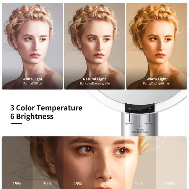 Alt view image 2 of 7 - 9" Lighted Makeup Mirror with Smart Sensor & Touch-Control, 3 Colors & 6 Brightness, Rechargeable & Cordless, Memory Function, Free Rotation, Gift for Woman - White