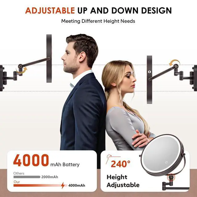 Alt view image 2 of 6 - 9" Wall Mounted Lighted Makeup Mirror,4000mAh Rechargeable Double Sided 1X/20X Magnifying Mirror with Light,Touch Dimmable,Extended Arm 360 Rotation Wall Mounted Makeup Mirror 3 Color Lights-Bronze